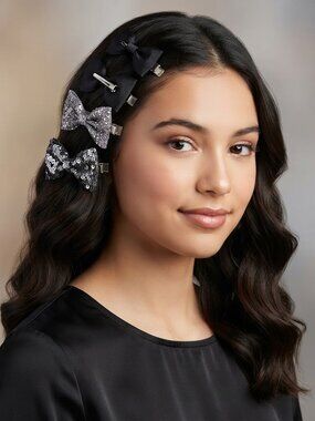 Princess Accessories 8pc Glitter Sequin Grosgrain Bow Hair Clip Set Black Silver